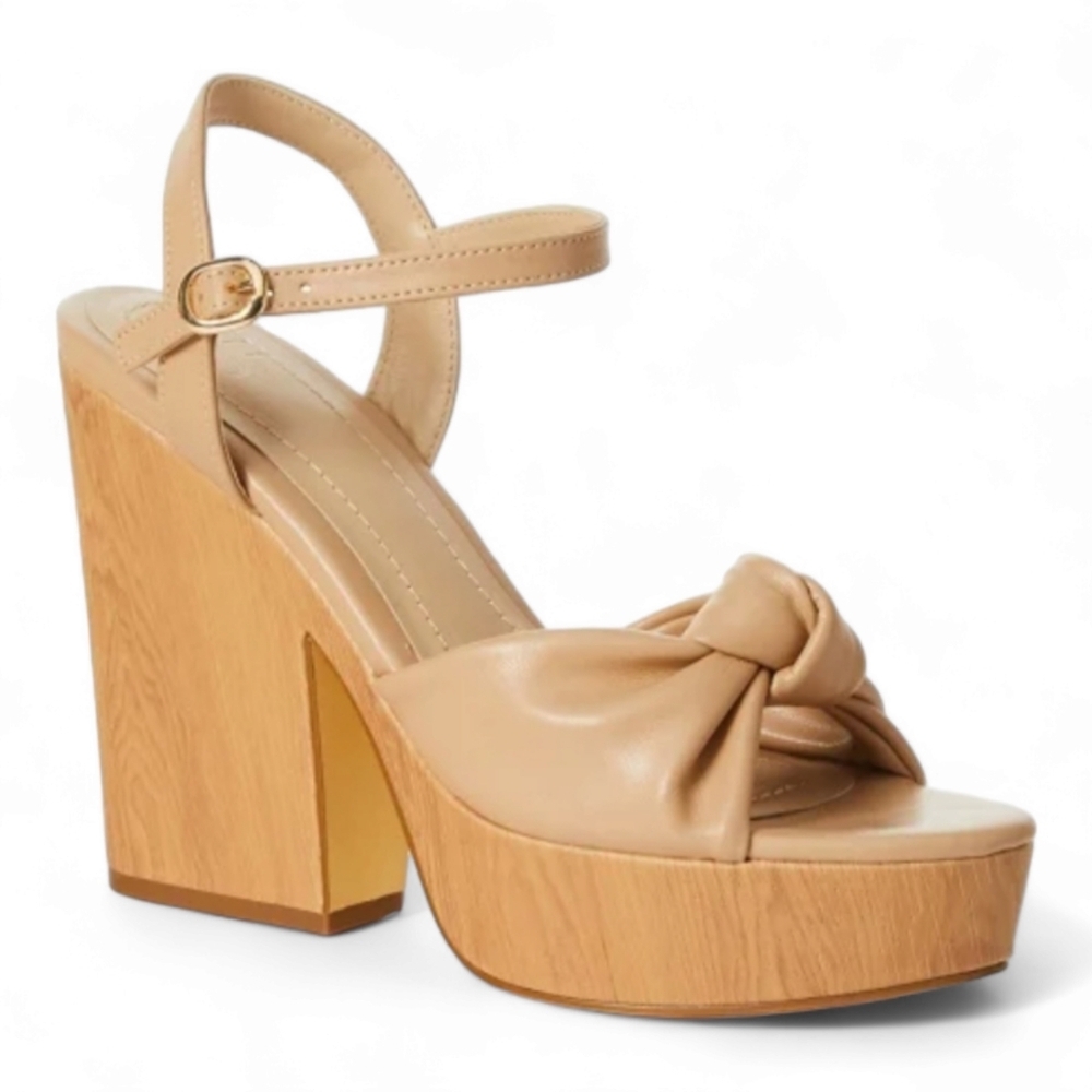 JustFab Celeste Platform Heeled Sandal Knot wood nude buckle close faux leather